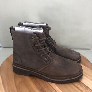 UGG Harkland Waterproof Boots Mens 10 Brown Leather Lace Up Shearling Lined